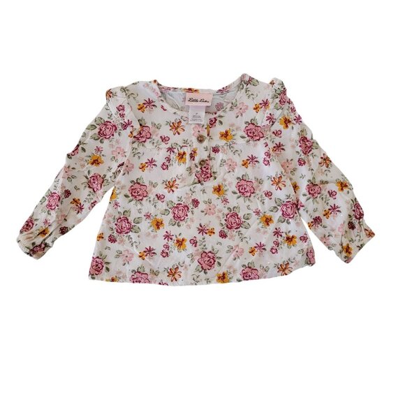 Little Lass Other - Little Lass Girls Long Sleeve Floral Top 2T White W/ Pink & Yellow Flower Print